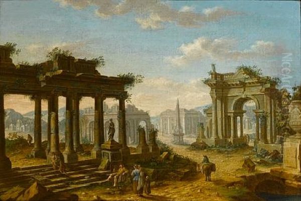 A Capriccio Of Ruins With Figures Resting Beneath A Classical Portico - view 1