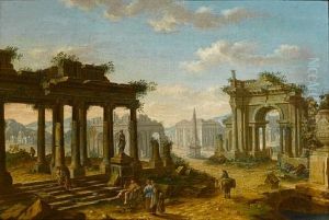 A Capriccio Of Ruins With Figures Resting Beneath A Classical Portico A Capriccio Of Ruins With Figures Resting Beneath A Classical Portico