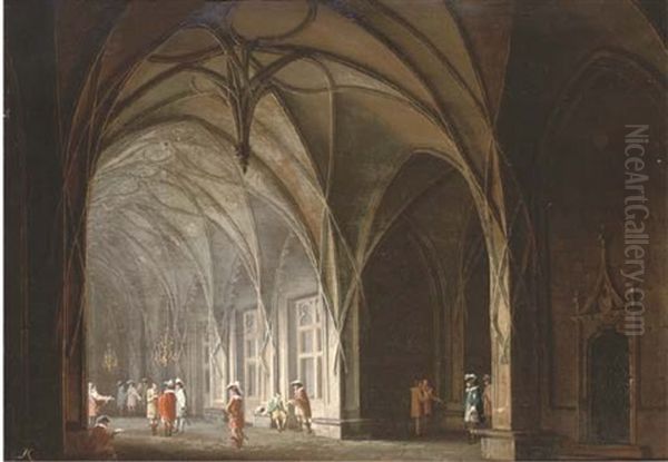Cavaliers Conversing In A Gothic Atrium (+ A Prisoner In A Dungeon; Pair) - view 1
