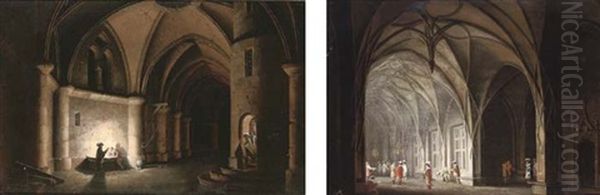 Cavaliers Conversing In A Gothic Atrium (+ A Prisoner In A Dungeon; Pair) - view 1