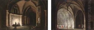 Cavaliers Conversing In A Gothic Atrium (+ A Prisoner In A Dungeon; Pair) by Josef Platzer
