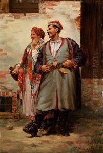 Polnisches Paar In Krakauer Tracht by Walery (Valery) Plauszewski