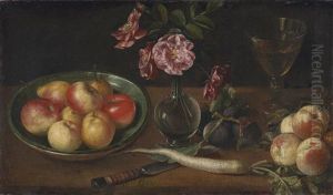 Still Life Of A Plate Of Apples Alongside A Radish, A Knife, Roses In A Glass Vase, A Wine Glass, Figs And More Apples On A Wooden Table Top by Joseph Plepp