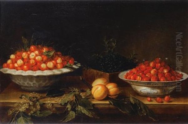 Nature Morte Au Plat De Cerises, Myrtilles, Fraises Des Bois, Abricots Et Groseilles A Maquereaux Sur Un Entablement De Marbre - view 1
