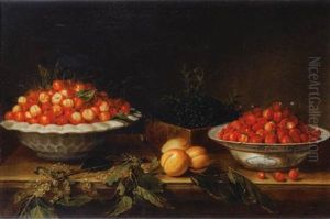 Nature Morte Au Plat De Cerises, Myrtilles, Fraises Des Bois, Abricots Et Groseilles A Maquereaux Sur Un Entablement De Marbre