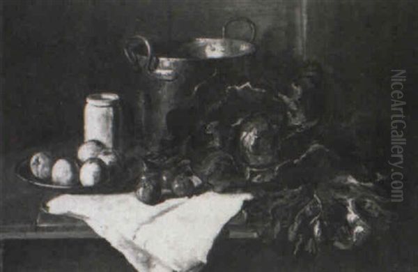 Stilleben Mit Kohlkopf, Messingkessel, Krug, Apfeln Und Tomaten - view 1