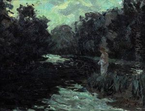 Badende Frau Am Flussufer Bei Mondschein by Hermann Pleuer