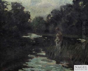 Badende Frau Am Flussufer Bei Mondschein by Hermann Pleuer