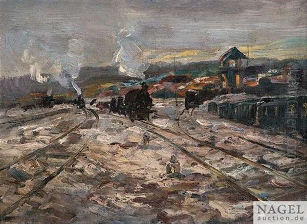 Bahnhof Mit Blockwarterhaus Und Einfahrenden Zugen - view 1