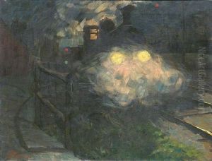 Dampf Auslassende Lokomotive Bei Nacht by Hermann Pleuer