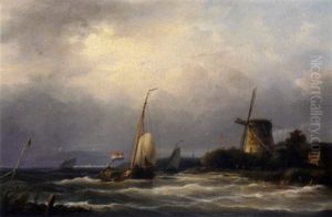 A Sailboat On Rough Seas By A Windmill