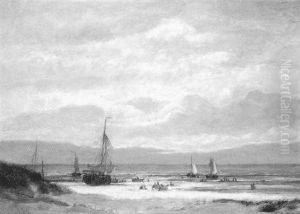 Coastal Scene With Boats At Low Tide by Ary Pleyssier