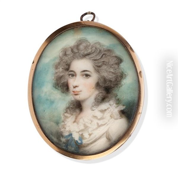 A Portrait Miniature Of A Lady Wearing A White Dress, Her Frilled Chemise Tied With Blue Ribbon, Her Powdered Hair Worn A La Conseilleur - view 1
