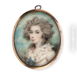A Portrait Miniature Of A Lady Wearing A White Dress, Her Frilled Chemise Tied With Blue Ribbon, Her Powdered Hair Worn A La Conseilleur