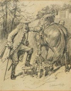 Man Mounting A Horse With A Child Looking On