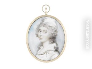 A Lady, Wearing White Dress With Frilled Collar Drawn With A Strand Of Pearls, Her Hair Curled And Powdered Beneath A White Turban