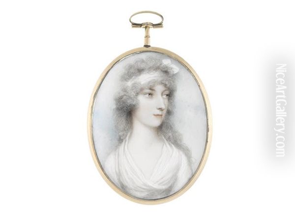 A Lady, Wearing White Dress And Matching Bandeau In Her Curled And Powdered Hair - view 1