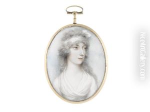 A Lady, Wearing White Dress And Matching Bandeau In Her Curled And Powdered Hair