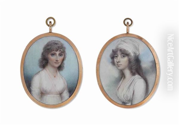A Young Lady, In White Dress, Wearing A White Turban; Together With A Lady In White Dress, Wearing A Gold Necklace (by Anne Mee, Nee Foldsone, British, - 1851) - view 1