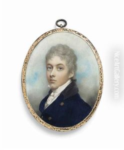 A Young Gentleman, In Blue Coat With Black Collar And Brass Buttons, White Stock, Powdered Hair; Sky Background by Andrew Plimer