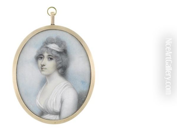A Lady, Wearing White Dress With Matching Bandeau In Her Upswept Powdered Hair - view 1