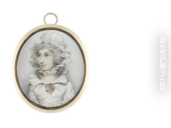 A Lady, Wearing White Dress With Frilled Collar Drawn With Grey Ribbon, Her Powdered Wig Worn A La Conseilleur Beneath A Frilled White Bonnet - view 1