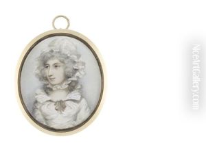 A Lady, Wearing White Dress With Frilled Collar Drawn With Grey Ribbon, Her Powdered Wig Worn A La Conseilleur Beneath A Frilled White Bonnet