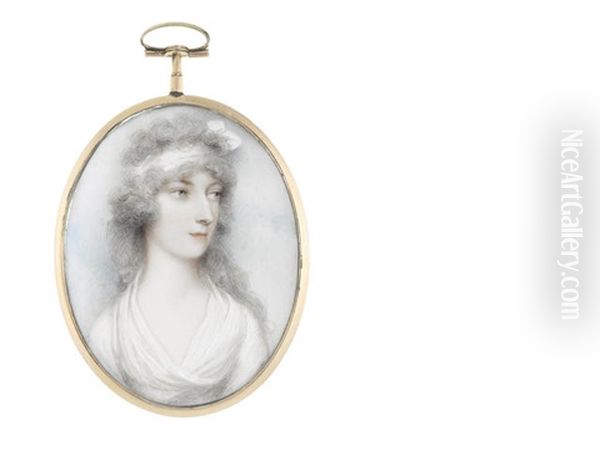 A Lady, Wearing White Dress And Matching Bandeau In Her Curled And Powdered Hair - view 1
