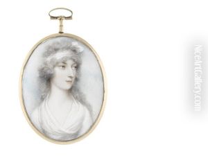 A Lady, Wearing White Dress And Matching Bandeau In Her Curled And Powdered Hair