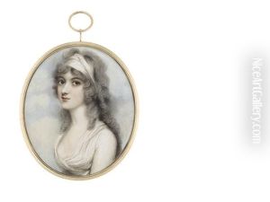 A Lady, Wearing White Dress And Matching Bandeau In Her Loosely Curled And Powdered Hair