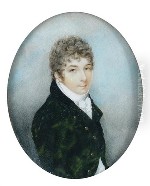 A Portrait Miniature Of A Gentleman, He Wears A Green Coat With Brass Buttons And Black Velvet Collar And White Tied Stock - view 1