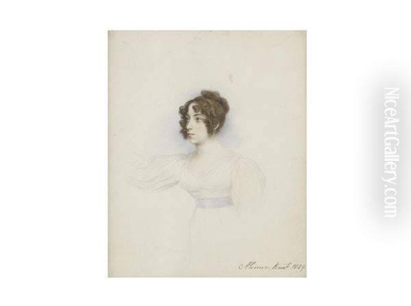 A Lady, Probably The Artist's Second Daughter, Joanna Plimer (1803-1846), Wearing White Dress With Pale Blue Sash To Her Waist, Her Dark Hair Upswept With Ringlets Framing Her Face - view 1