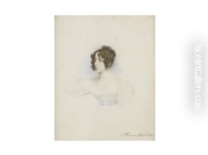 A Lady, Probably The Artist's Second Daughter, Joanna Plimer (1803-1846), Wearing White Dress With Pale Blue Sash To Her Waist, Her Dark Hair Upswept With Ringlets Framing Her Face by Andrew Plimer
