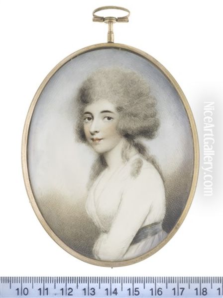 A Lady, Wearing White Dress With Pale Blue Sash To Her Waist, Her Powdered Wig Worn A La Conseilleur - view 1