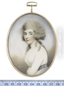 A Lady, Wearing White Dress With Pale Blue Sash To Her Waist, Her Powdered Wig Worn A La Conseilleur