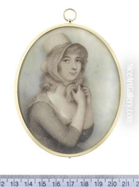 A Lady, Tying Her Straw Hat With A Grey Ribbon Sash Beneath Her Chin And Wearing Matching Fill-in, White Slip And Charcoal Grey Dress With Three-quarter Length Sleeves - view 1