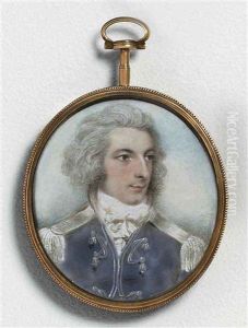 A Young Officer, In Blue-gray Coat With Silver Facings And Epaulettes, Frilled White Cravat, Powdered Hair, Sky Background