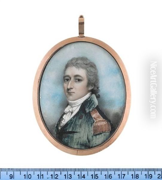 A Naval Officer, Wearing Blue Coat With Gold Epaulette, White Waistcoat, Frilled Chemise, Stock And Cravat, His Powdered Hair Tied With A Black Ribbon Bow - view 1