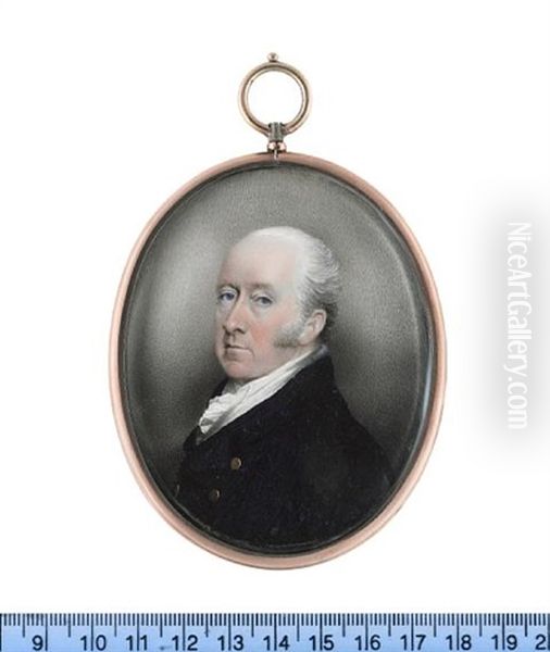 A Gentleman, Wearing Dark Blue Double-breasted Coat, White Waistcoat, Frilled Chemise And Stock - view 1