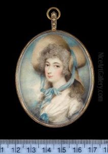 A Lady, Wearing White Dress Tied At Her Corsage With Turquoise Ribbon And Straw Bonnet Tied With Matching Ribbon Loosely Below Her Chin, Hair Powdered
