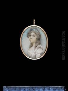 A Lady, Wearing White Dress With Frilled Trim, Strand Of Pearls Around Her Upper Arm And Blue Bandeau In Her Powdered Hair A Lady, Wearing White Dress With Frilled Trim, Strand Of Pearls Around Her Upper Arm And Blue Bandeau In Her Powdered Hair