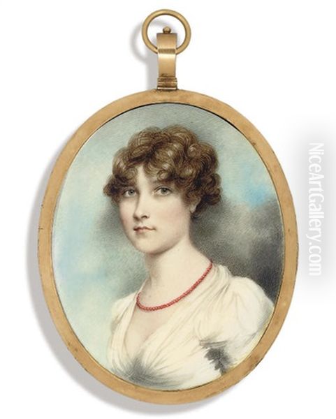 A Young Lady, In White Dress With Puffed Sleeves, Coral Necklace - view 1