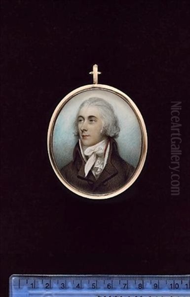 A Gentleman, Wearing Brown Coat, White Waistcoat, Red Solitaire, Frilled White Chemise And Tied Stock, His Hair Powdered - view 1