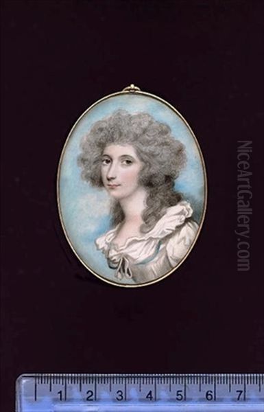 Lady Caroline Price, Wearing White Dress With White Ruffled Collar, Blue Ribbon Around The Bodice, Her Hair Curled And Powdered - view 1