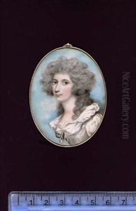 Lady Caroline Price, Wearing White Dress With White Ruffled Collar, Blue Ribbon Around The Bodice, Her Hair Curled And Powdered