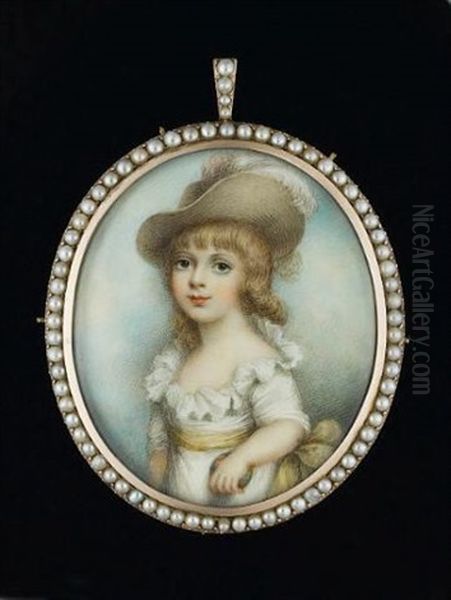 A Young Boy, Wearing White Dress With Frilled Collar, Yellow Sash And Wide-brimmed Hat Dressed With Pink And White Ostrich Feather, He Holds A Coloured Ball In His Left Hand - view 1