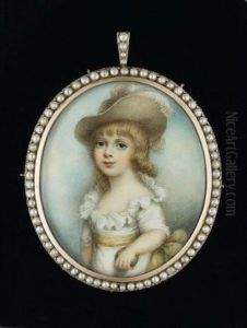 A Young Boy, Wearing White Dress With Frilled Collar, Yellow Sash And Wide-brimmed Hat Dressed With Pink And White Ostrich Feather, He Holds A Coloured Ball In His Left Hand