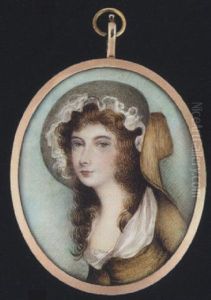 A Lady Wearing Buff-coloured Dress With White Collar And Matching Hat With Frilled White Bonnet Underneath