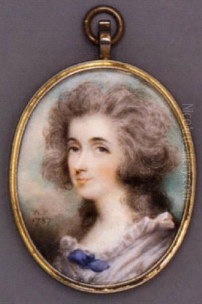 A Young Lady In White Dress With Ruffled Collar, Blue Bow At Corsage, Long Powdered Curling Hair - view 1