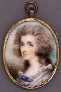 A Young Lady In White Dress With Ruffled Collar, Blue Bow At Corsage, Long Powdered Curling Hair